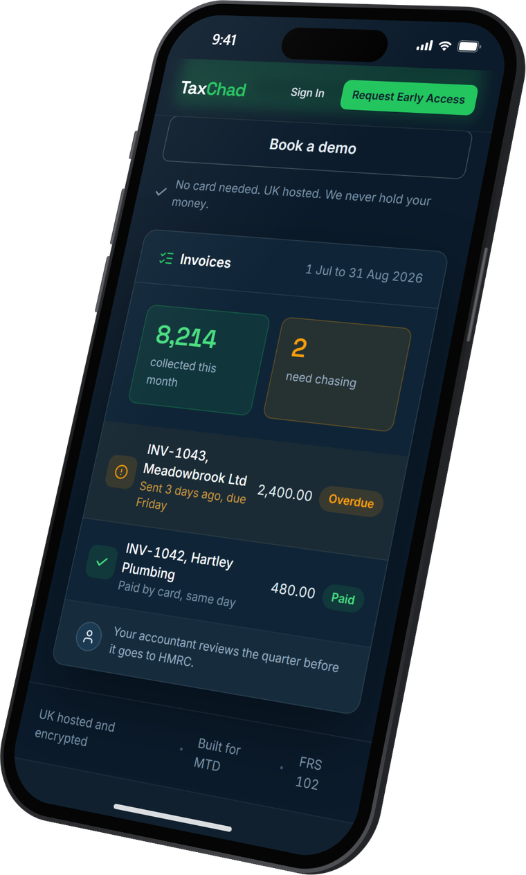 TaxChad on an iPhone, showing the invoices screen with money collected this month and overdue and paid invoices