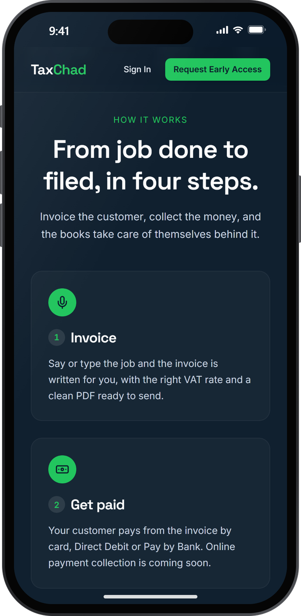 TaxChad on an iPhone, showing how it works: from job done to filed, in four steps